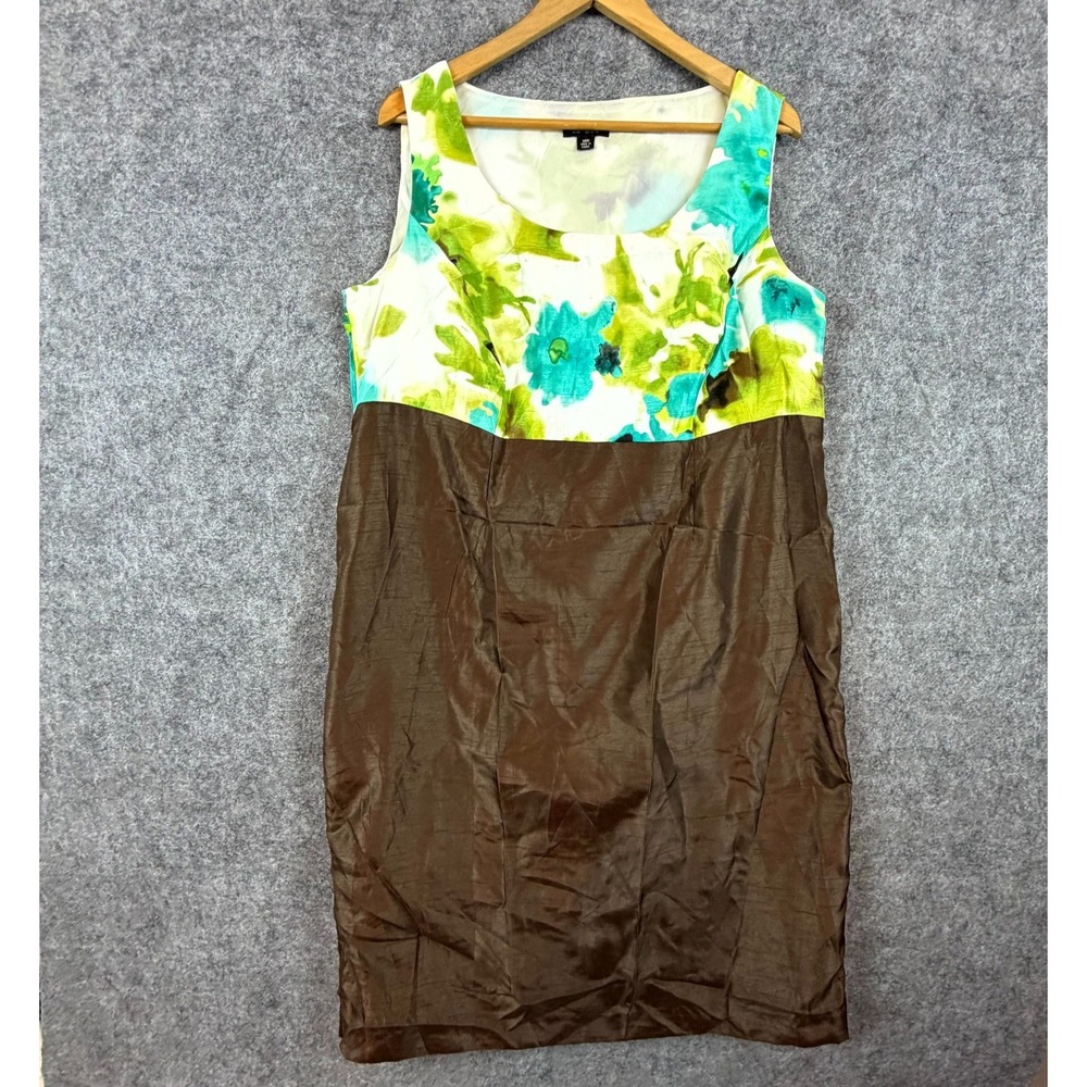Le Bos Sheath Dress Womens 16W Brown Green Floral Lined Scoop Neck Office Fun
